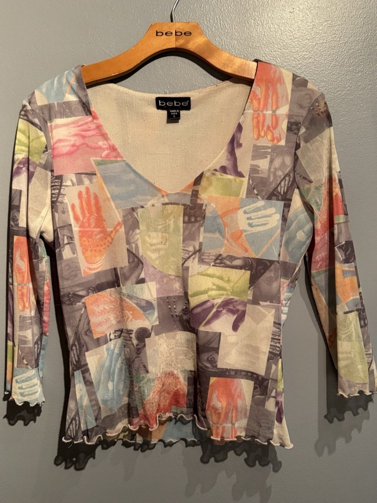 Bebe Women’s Mesh Long Sleeve Abstract Graphic Top Size Large Y2K Made in USA-image