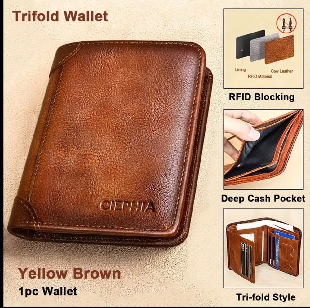 Ciephia Mens Genuine Leather Trifold Wallet with RFID Blocking - Brown