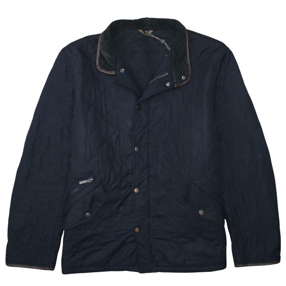 Barbour Mens Quilted Jacket Navy Cord Collar Fleece Lined Outdoor Zip Pockets XL