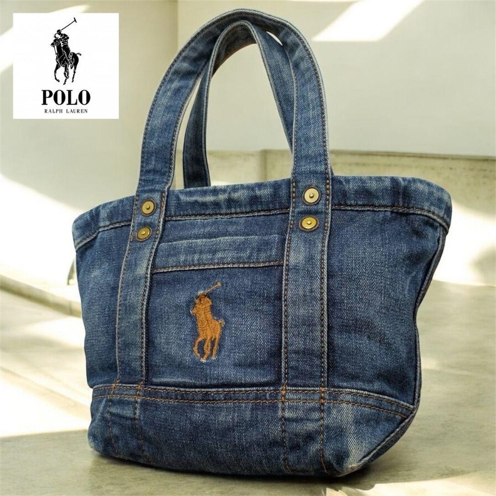 Polo Ralph Lauren Mini Tote Bag in Navy Blue Denim Cotton with Leather Trim Authentic from Japan