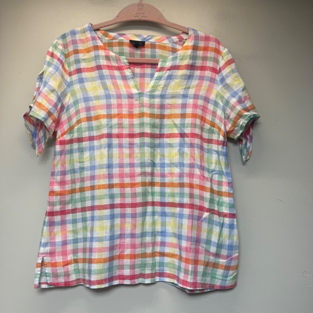 Talbots Linen Blouse Womens Small Multicolor Excellent Rainbow Gingham Tie