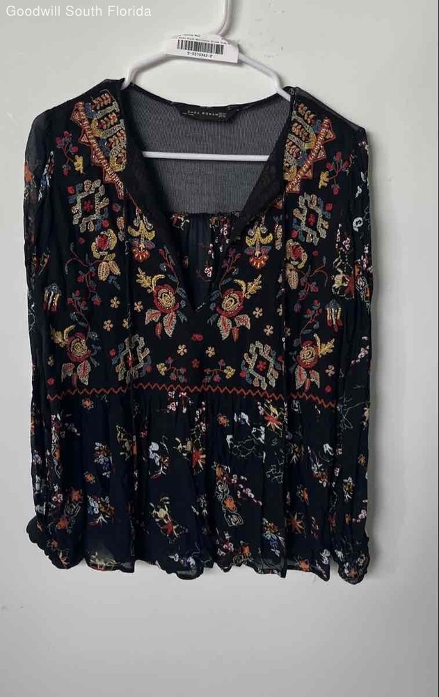 Zara Womens Black Multicolor Floral Print Long Sleeve Blouse Top Size XS