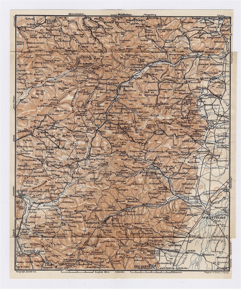 1905 Antique Map Of Central Alsace / Vosges / Selestat / France