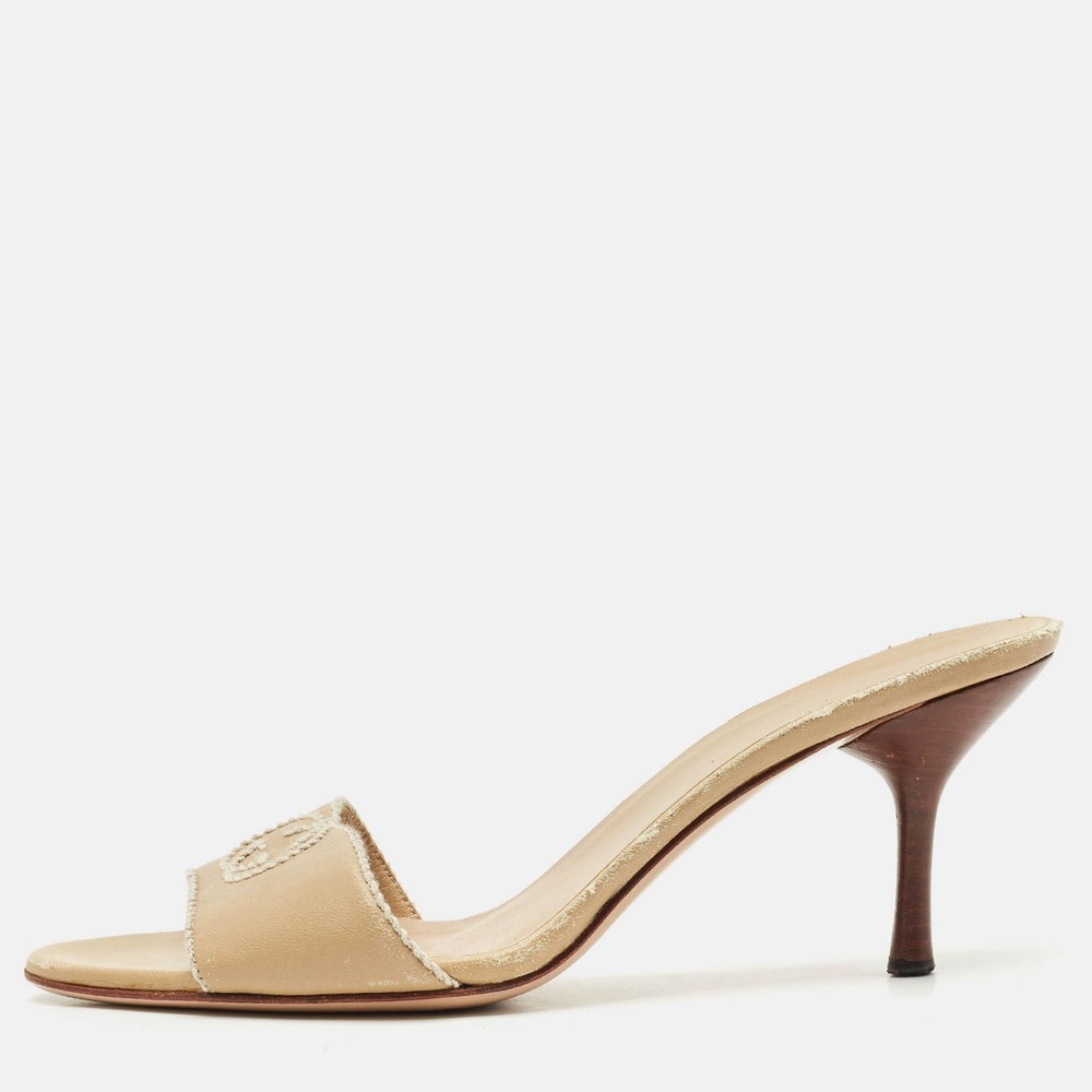 Gucci Beige Leather Interlocking G Slide Sandals Size 38.5
