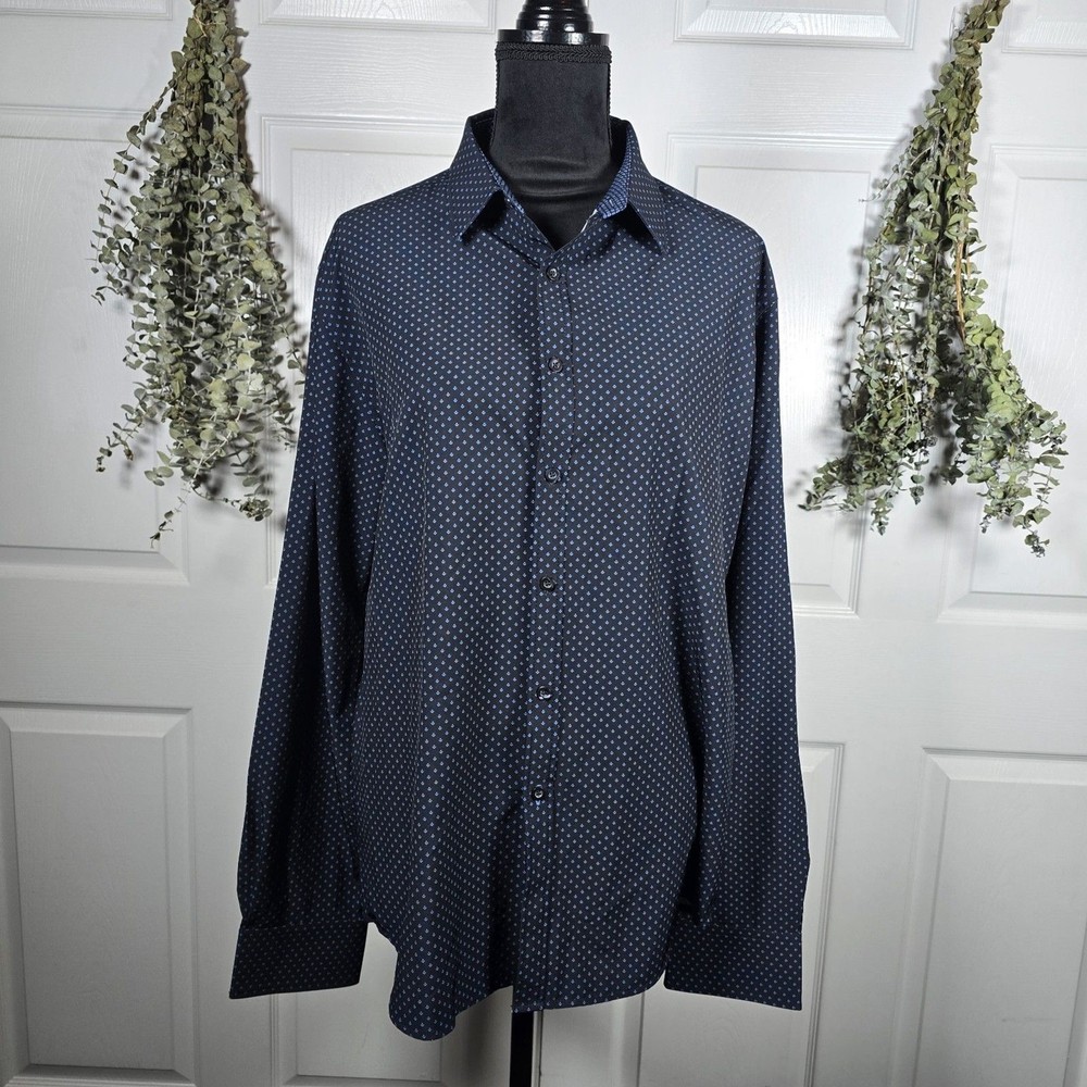 Rugby University Navy Patterned Button-up Long Sleeve Stretch Large