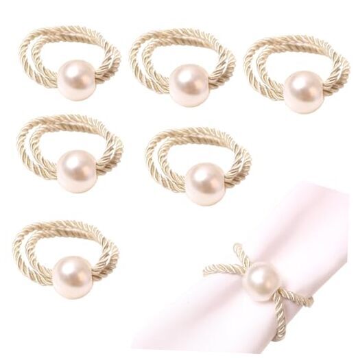Set of 6 Imitation Pearl Napkin Holder White Beaded Napkins Rings for