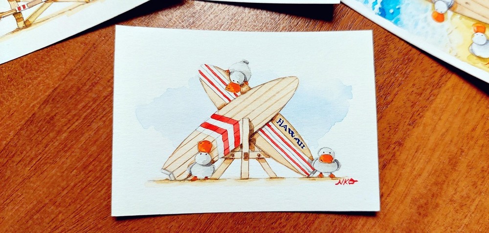 Original Watercolor Painting ACEO, Vintage Hawaiian Surf Ducks