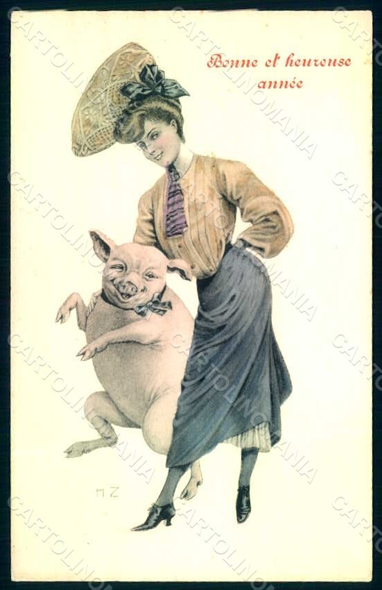 Artist Signed Zasche Lady Art Nouveau Pid New Year serie 212 postcard HR1815
