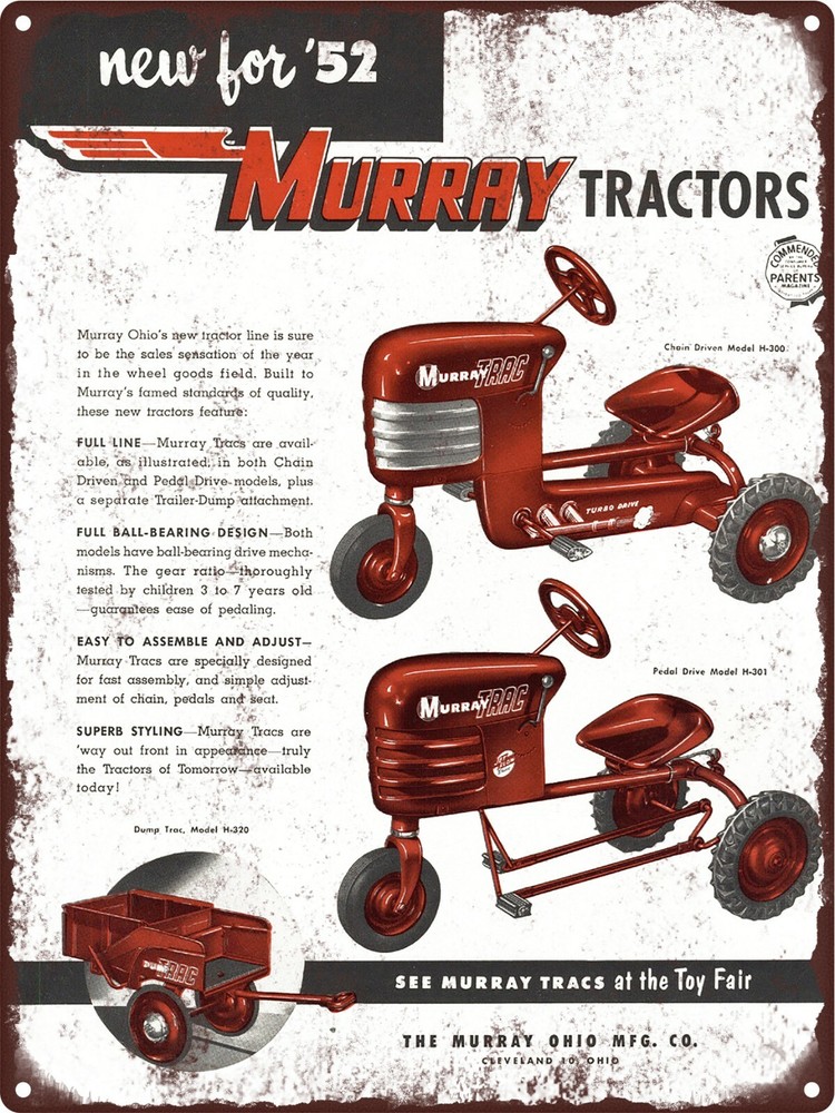 1952 Murray Pedal Car Farm Tractor Turbo Drive Dump H-300 Metal Sign 9x12