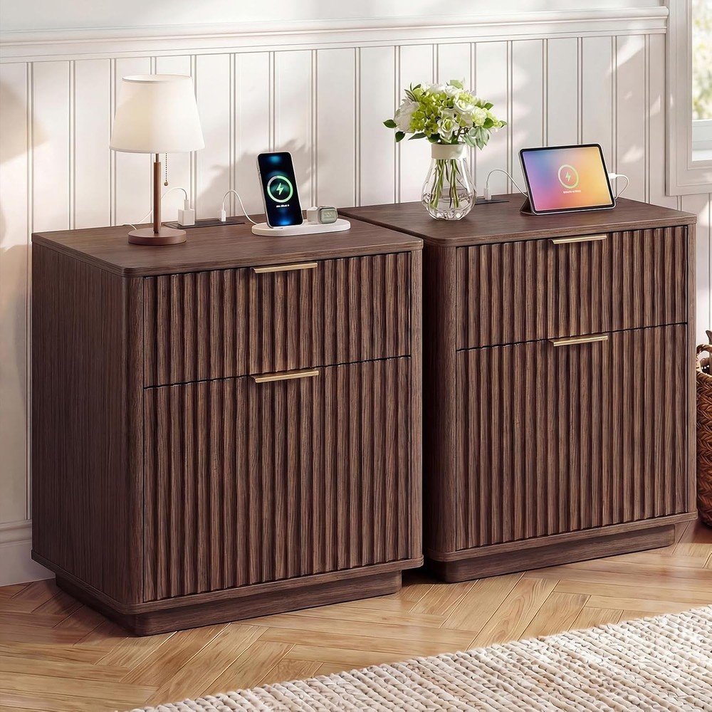 Fluted Nightstand Set of 2 with Charging Station 2 Drawers Modern End Table