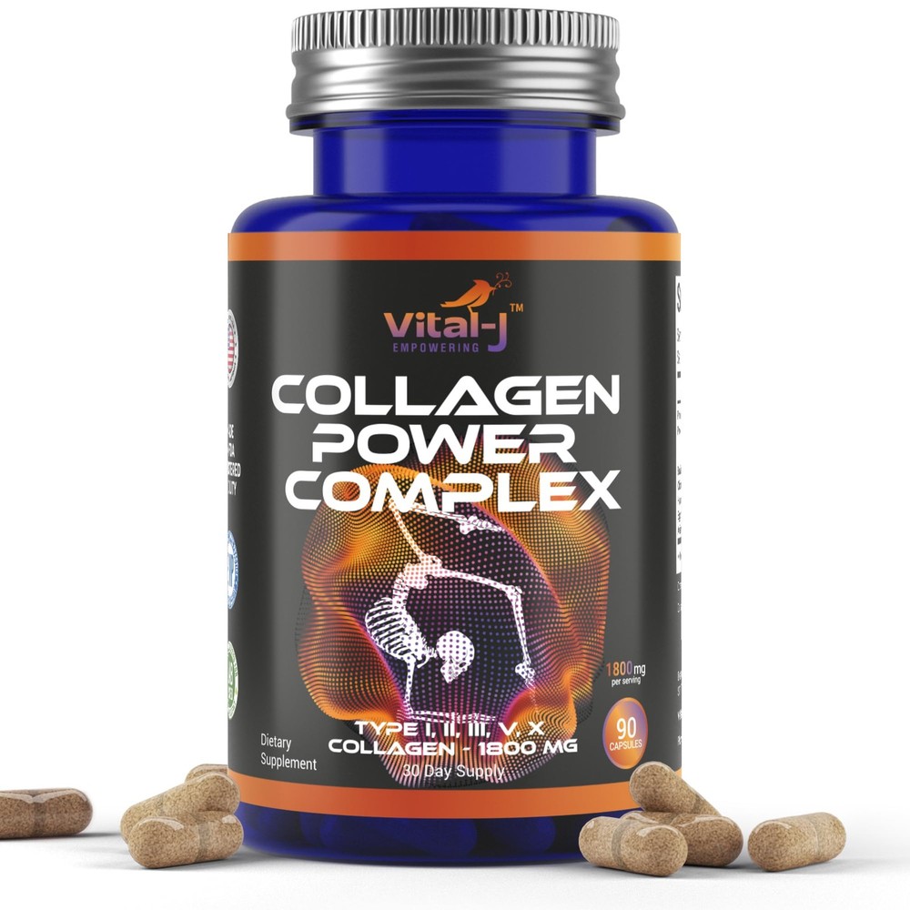 5-IN-1 Collagen Peptides 1800mg 90 Capsules Types I II III V X for Skin Joints Hair Support