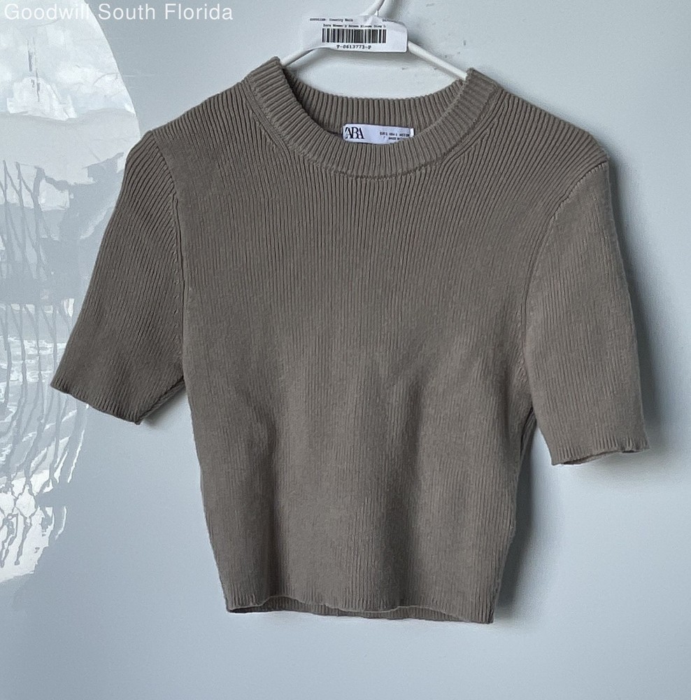Zara Womens Brown Ribbed Short Sleeve Crew Neck Pullover Blouse Top Size L