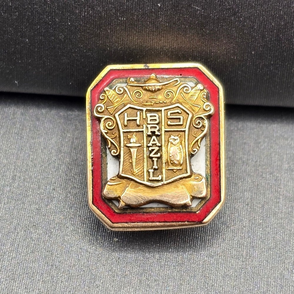 Vintage Brazil 13k Gold Guilloche Enamel Coat of Arms Shield Academic Brooch Pin