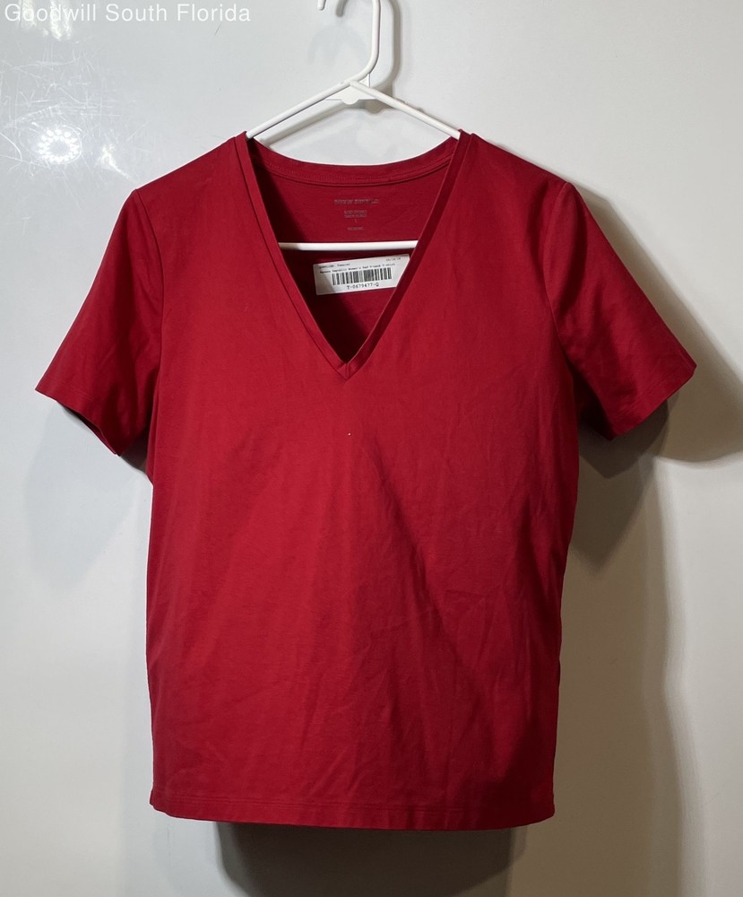 Banana Republic Womens Red V-Neck Luxe Touch Short Sleeve Pullover T-Shirt Sz L
