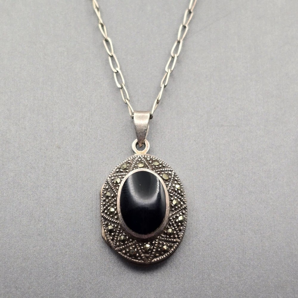 Vintage Onyx Marcasite Locket Necklace 24