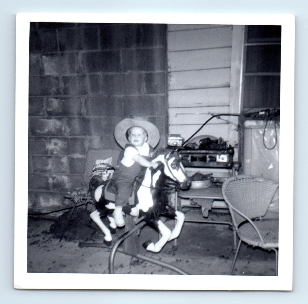 Old Vintage Photo SOLO BOY COWBOY HAT RIDING ROCKING HORSE SQUARE SNAPSHOT