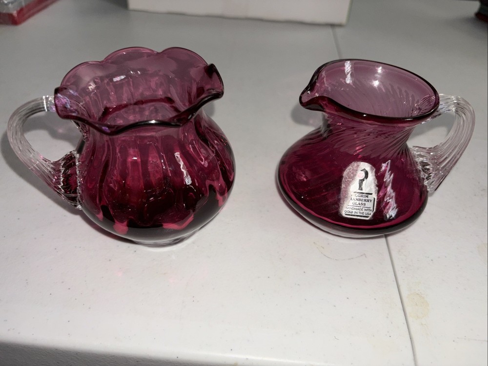 Vtg Cranberry Glass Creamer Pitcher Set 2 Applied Clear Handle Ruffled Edge