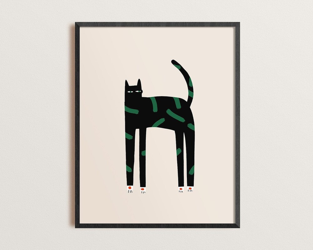 Retro Black Cat Print Mid Century Modern Art Boho Wall Art Scandinavian