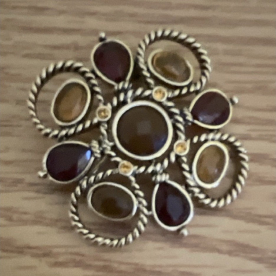 Vintage Flower Cluster Brooch Gold Tone Red Round Stones Metal Glass