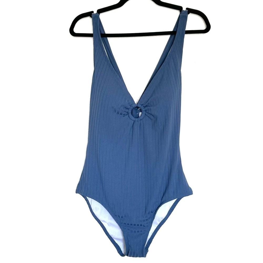 Kona Sol Swimsuit Women's Large Blue Ribbed One Piece Plunge Ring Padded