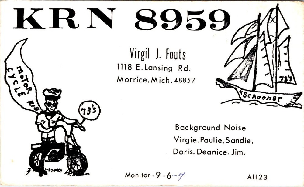 QSL Radio Card, Motorcycle, MORRICE, Michigan Postcard