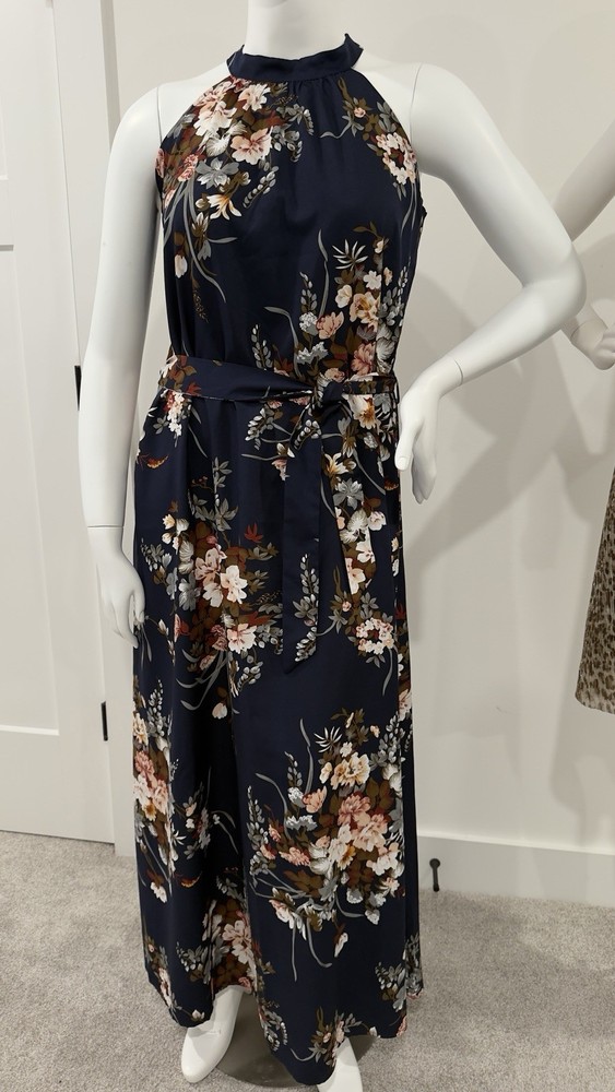 SHEIN Floral Halter Maxi Dress XL Navy Blue Sleeveless Tie Waist Boho Elegant