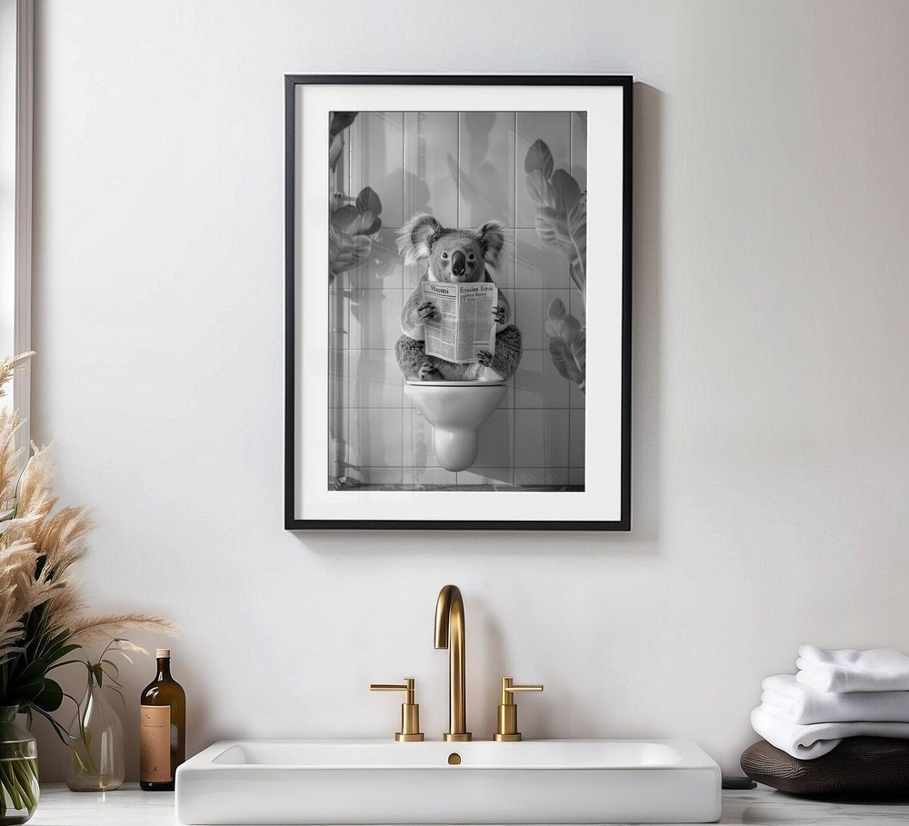 Black And White Koala Reading On Toilet Funny Posters Bathroom Wall Art Toilet