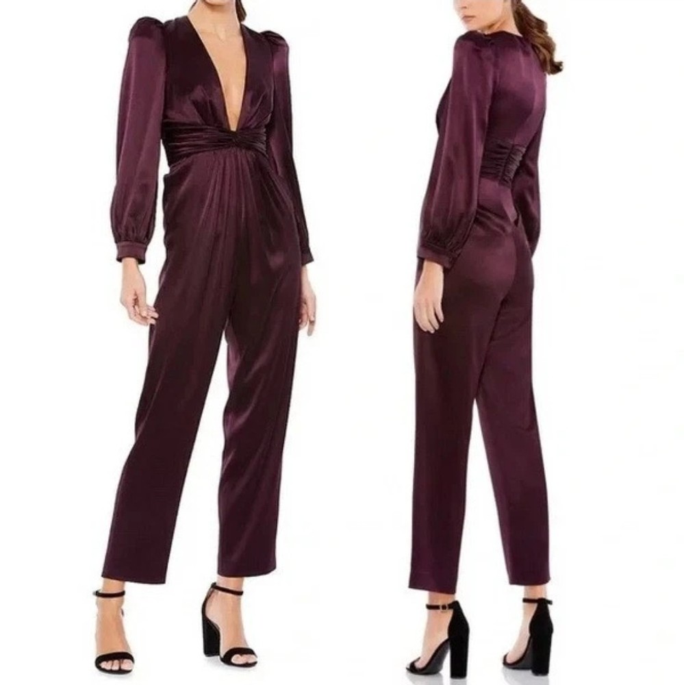 NWT IEENA for MAC DUGGAL Purple Satin Long Sleeve V-Neck Jumpsuit Size 8