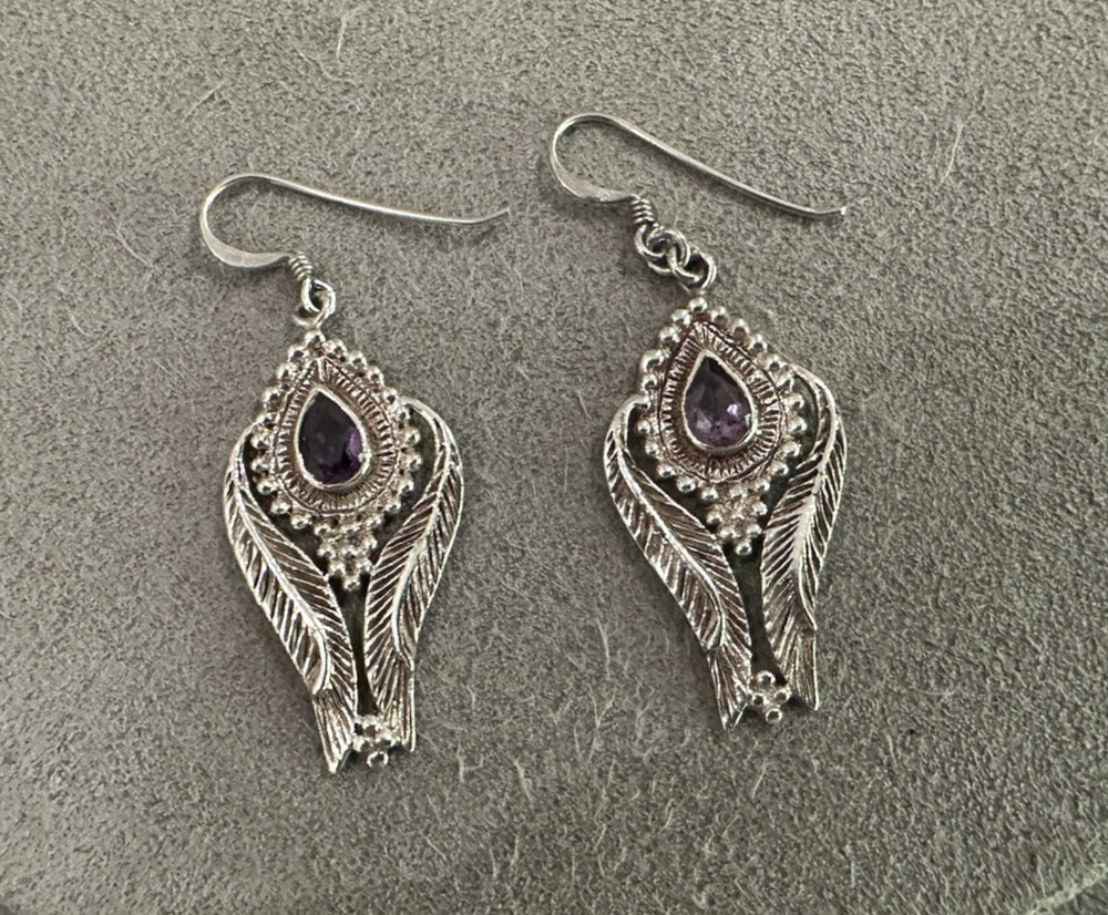 Vintage Sterling Silver Bali Amethyst Teardrop Leaf Dangle Earrings 2