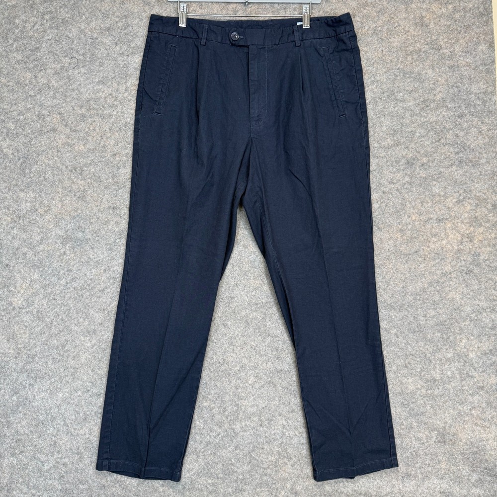 Bonobos Linen Blend Chino Pants Mens 36x30 Dark Navy Blue Pleated Trousers