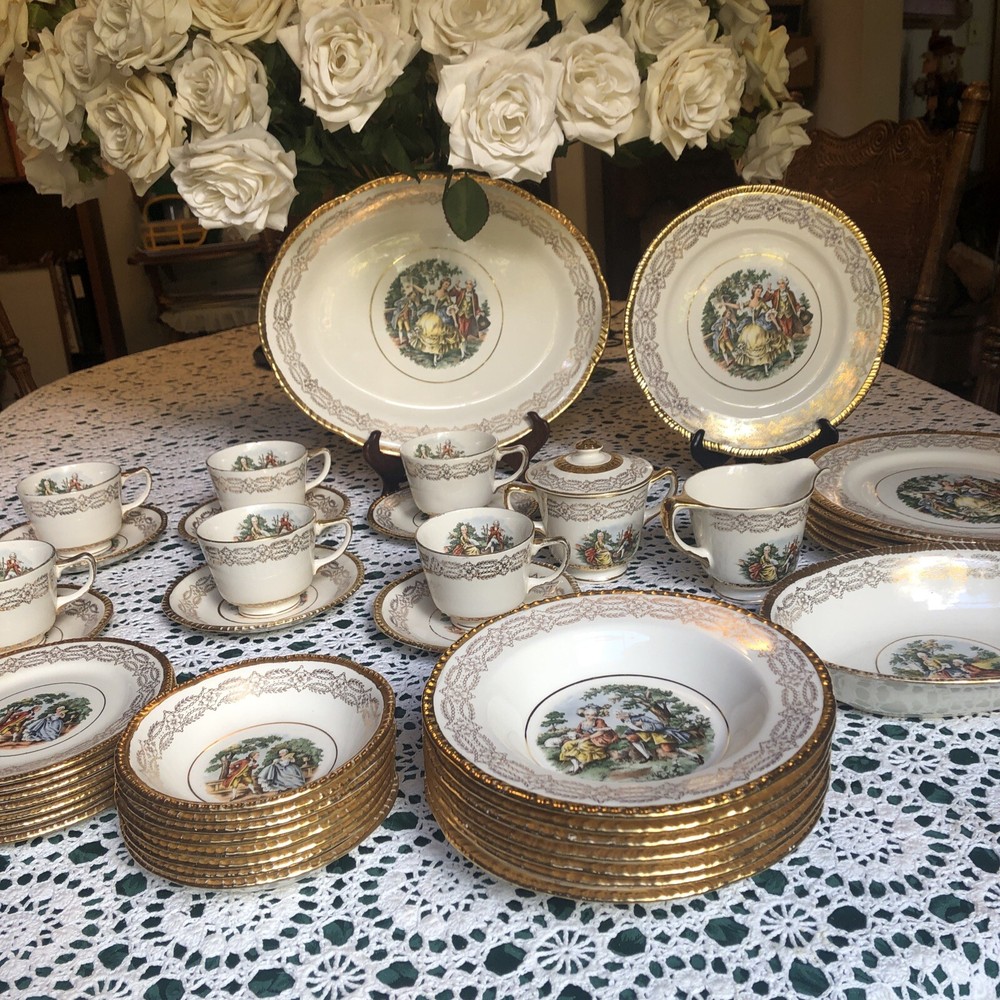 Atlas Fine China  Set 22 KT Gold-43 Pc Set . 6 Plates Serving Bowl &Platter VTG