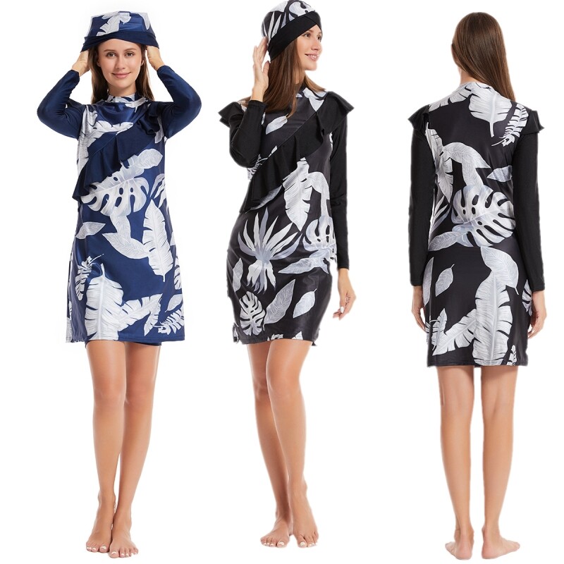 Fashion Women Muslim Swimwear Printed Bathing Tops Shorts Trousers and Cap Sets