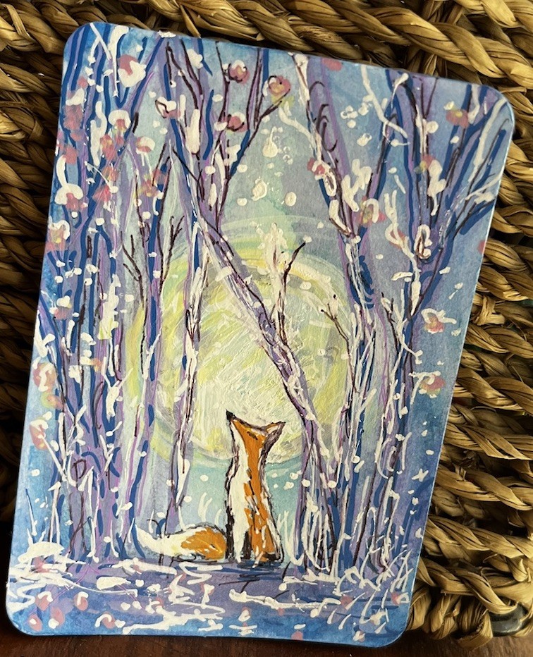 ACEO Original Fox In Snowy Forest painting ATC OOAK Cottagecore Whimsical Art
