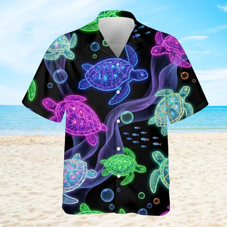 Neon Sea Turtle Hawaii Shirt Tropical Beach Vacation Aloha Summer