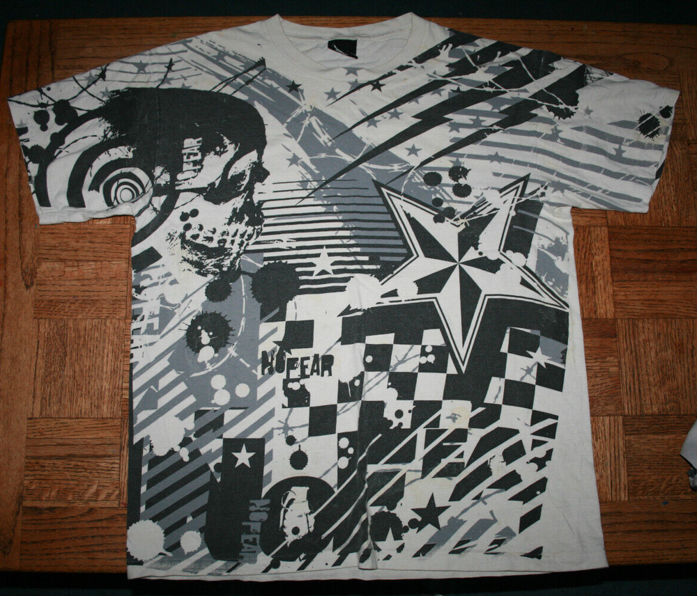 Vintage No Fear Mens White T-Shirt with Black Abstract Graphis Grunge Skate Surf-image