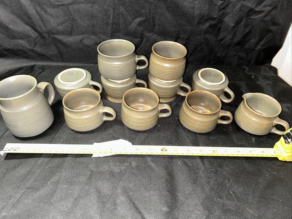 Set Of  11 Denby Langley England GRustic Look Green Coffee Tea Cup Mug Set