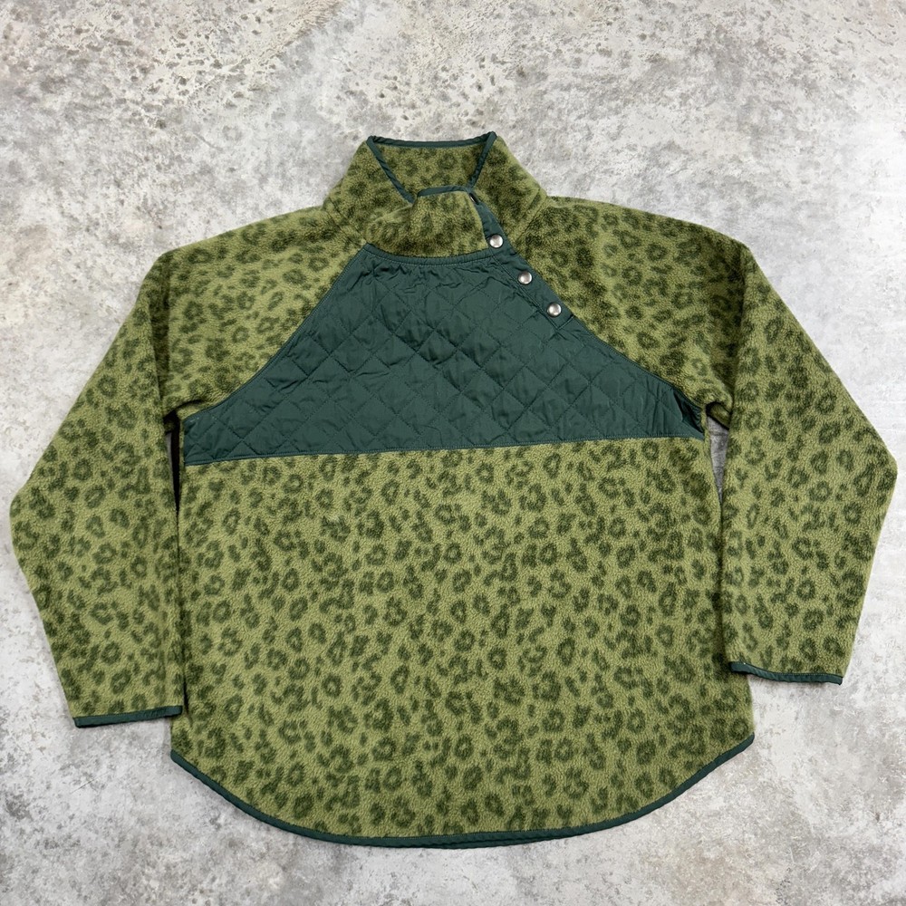 J.Crew Fleece Pullover Womens XL Green Leopard Print Quilted Snap Yoke Sherpa