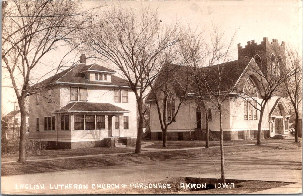 RPPC English Lutheran Church and Parsonage, Akron IA Vintage Postcard I02