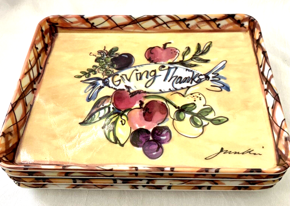Set of 4 GIVING THANKS TRAYS Evergreen Melamine Thanksgiving - 7-1/4