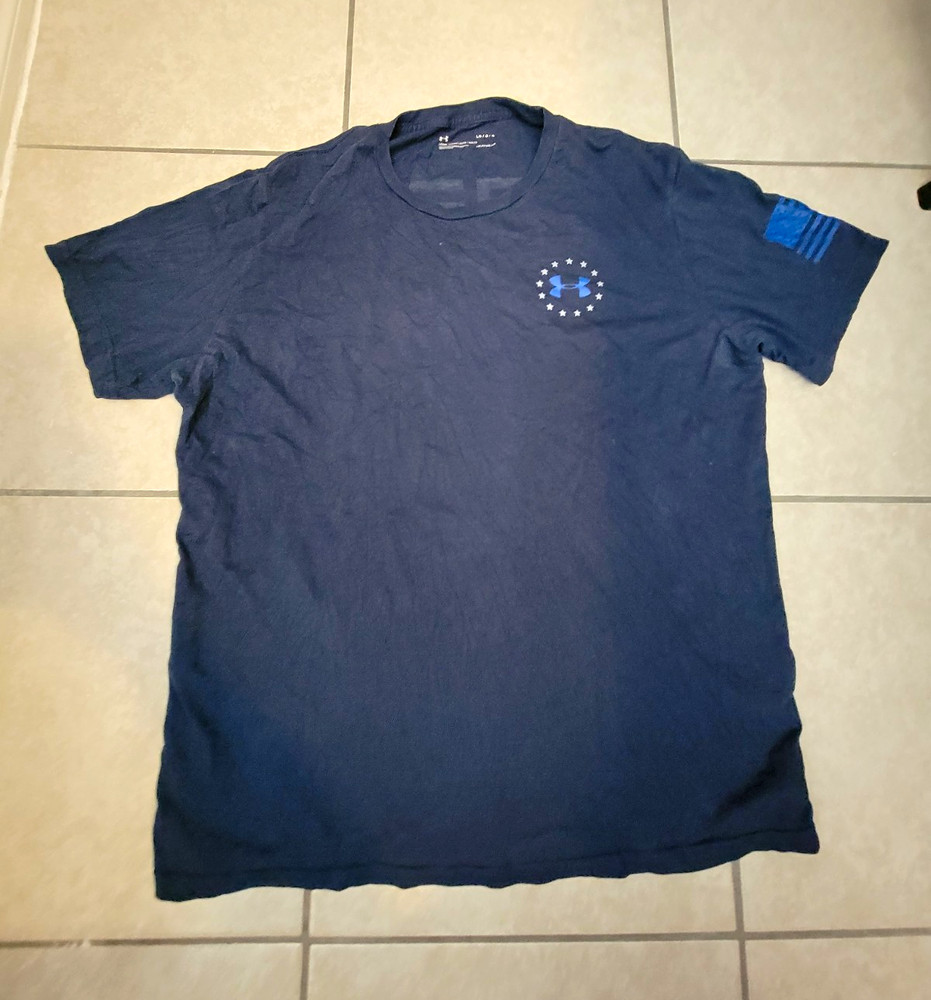 Under Armour HeatGear Loose Fit Blue USA Flag Graphic Crewneck T-Shirt Men L