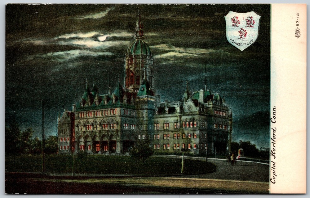 Capitol Building Night Hartford Connecticut Unposted VINTAGE Postcard