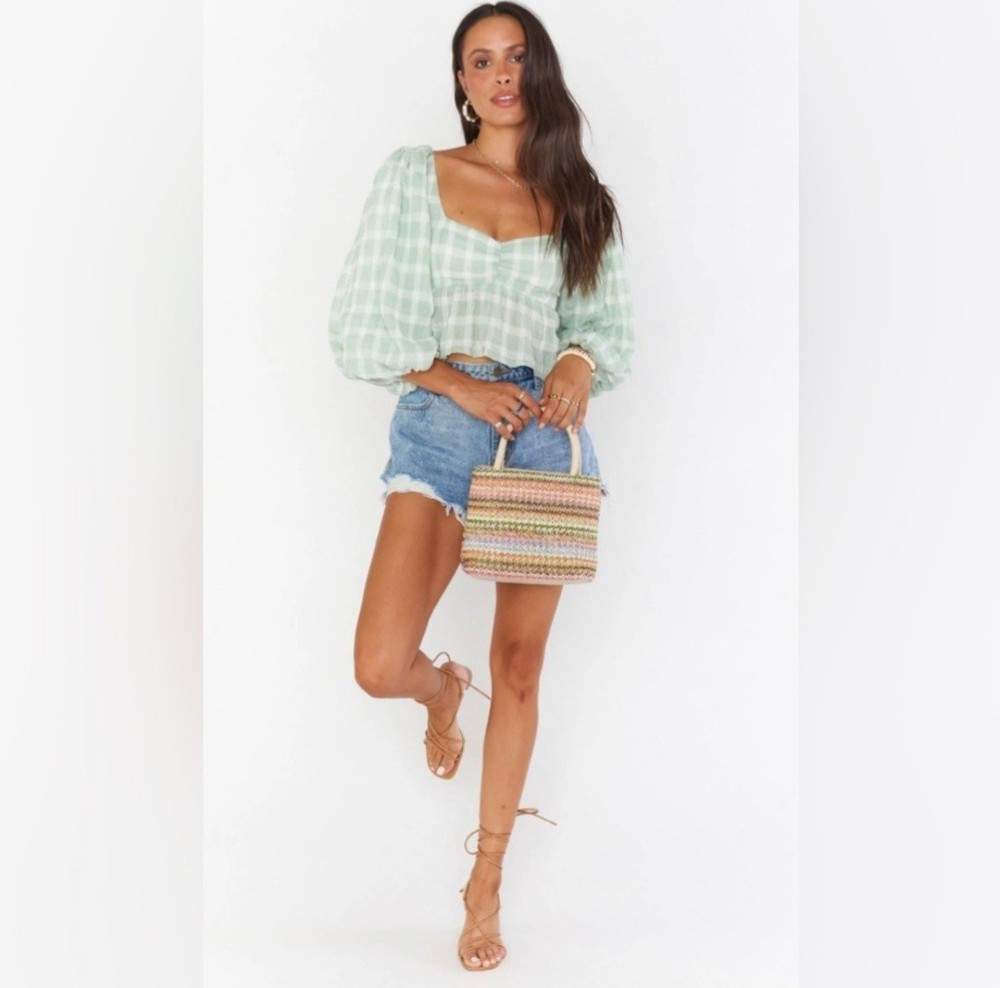 Show Me Your MuMu Green Gingham Smocked Crop Top Small NEW