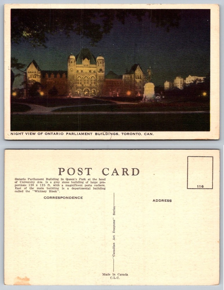 Vintage Ontario Parliament Buildings Toronto Canada Night View Postcard