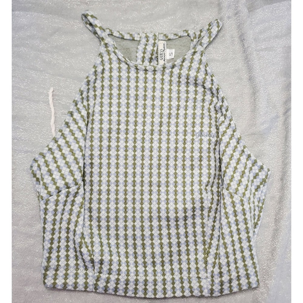 VTG GUESS Women Small Green Blue Gingham Checkered Halter Crop Top Button Detail