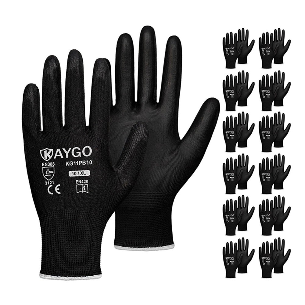 PU Coated Safety Work Gloves - 12 Pairs KG11PB Seamless Knit for Men