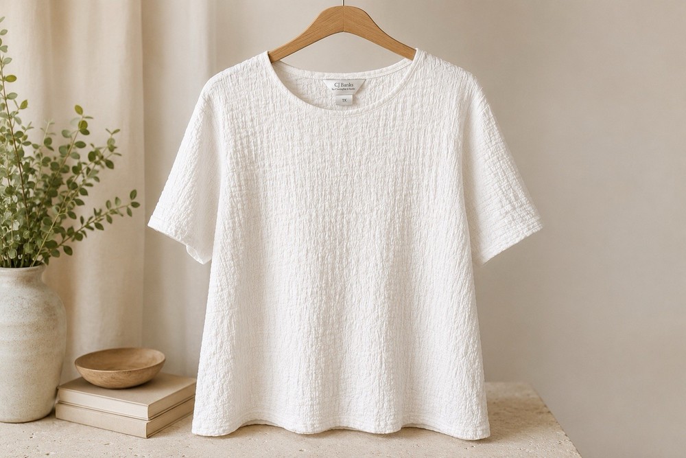 CJ Banks Women’s 1X White Textured Crinkle Knit Top Short Sleeve Plus Size