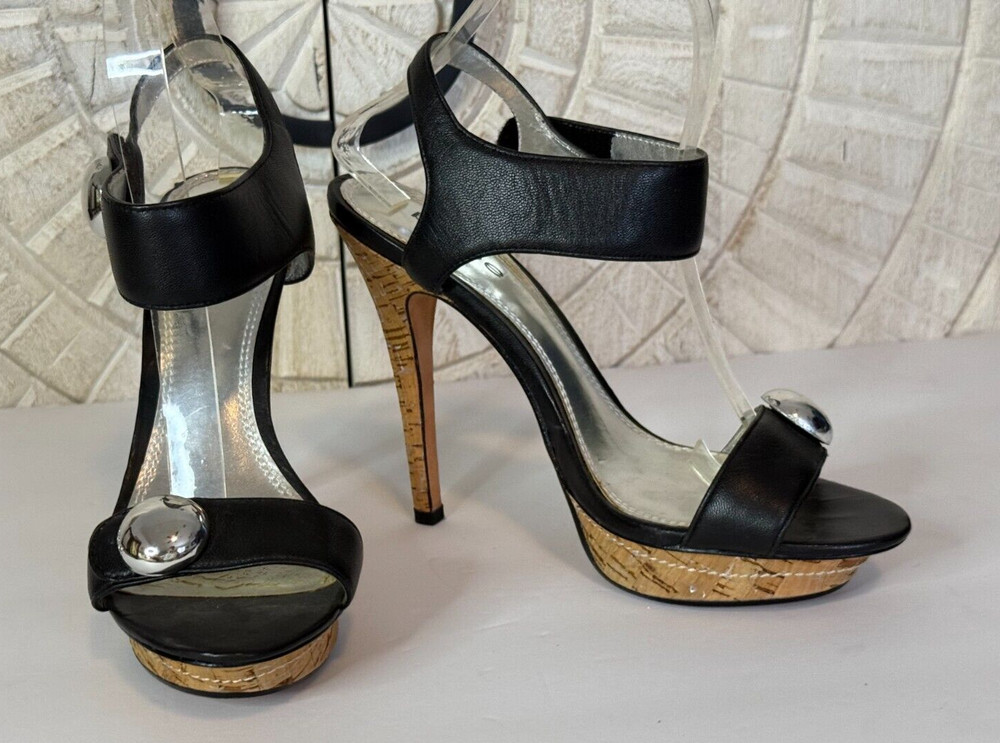 Bebe Womens Black Platform Cork Super High Heels Stiletto Sandals Size 8M
