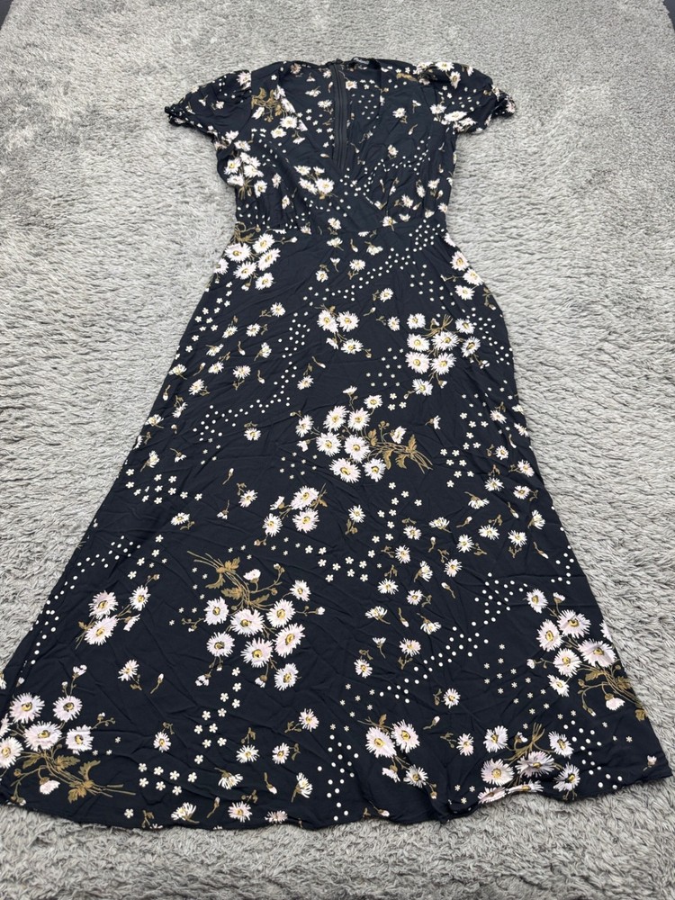 Madewell Dress Women 0 Black Floral Puff Sleeve Wrap Midi Polka Daisies Flowy