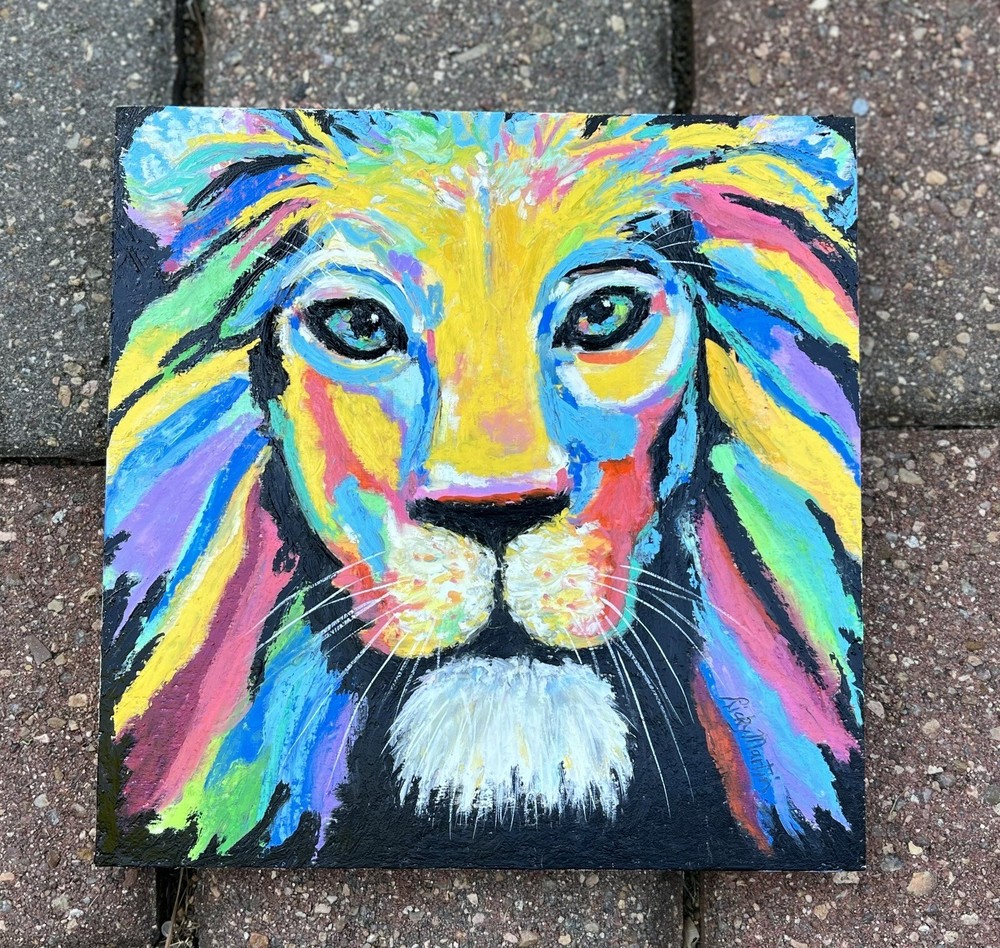 Abstract Lion Portrait Oil Pastel Art 8x8x1/2 by Ricky Martin-image