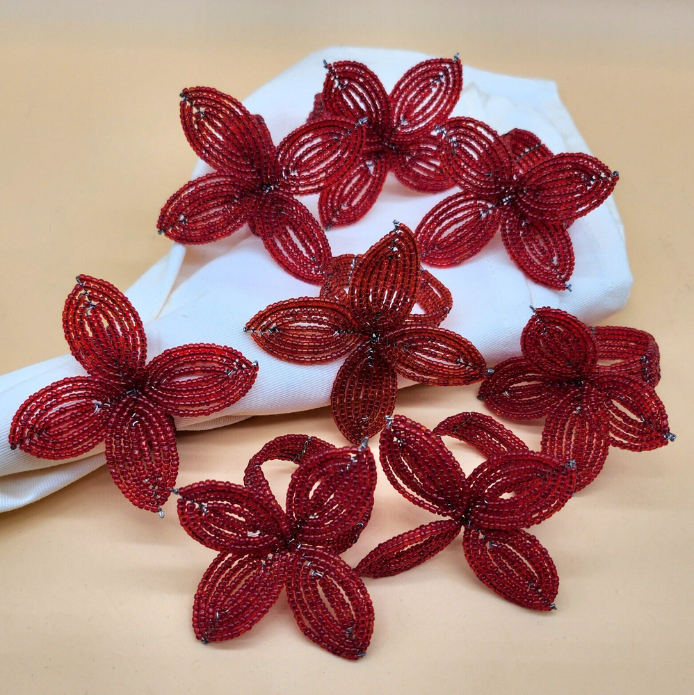 Vintage Set of 8, Beaded Red 4 Petals Flower Shape Napkin Rings